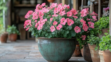 Blooming pink geranium plant adds a touch of color to a rustic outdoor cafe setting