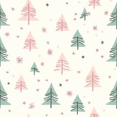 Obraz premium Seamless Pattern with Pink and Green Christmas Trees and Snowflakes