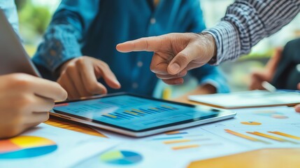 Business team analyzing financial data using digital tablet and charts in a meeting. Collaborative discussion concept.