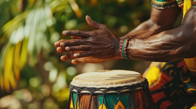 Musician playing djembe drum outdoors in tropical setting