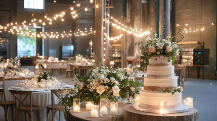 Elegant wedding cake display in beautifully lit venue with flowers and candles