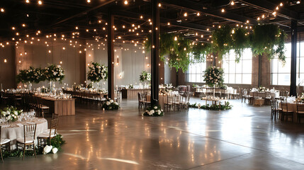 Elegant wedding setup in spacious warehouse loft with beautiful decor