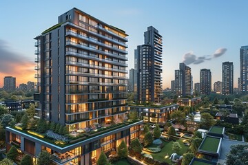 Naklejka premium Modern residential buildings with landscaped gardens during sunset.