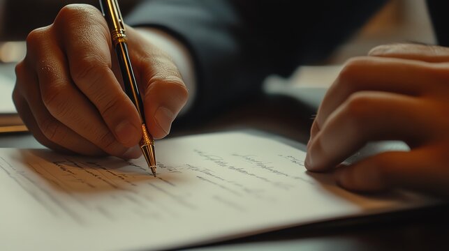 Close-up of a hand with a pen writing on a paper document, showcasing detail, focus, and precision in handwriting.