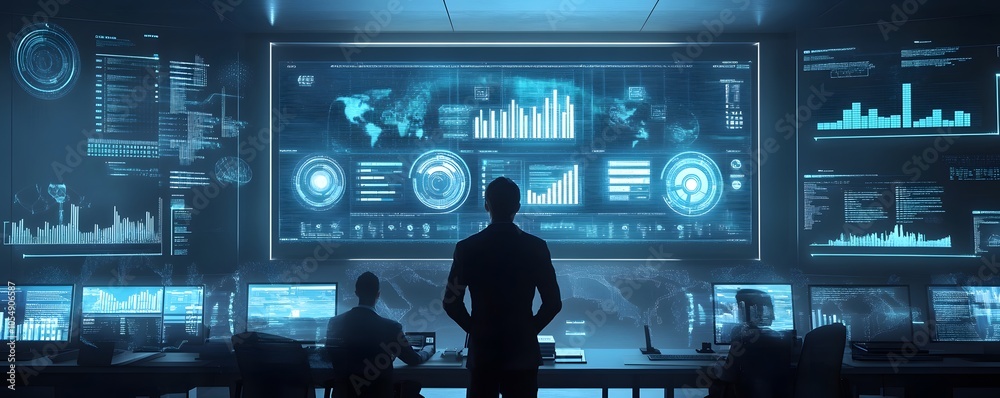 Poster a futuristic control room with screens displaying data and analytics, showcasing technology and deci