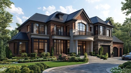 Elegant modern house with landscaped garden and driveway.
