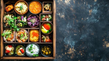 Traditional Bento Box Arrangement with Rice and Pickles