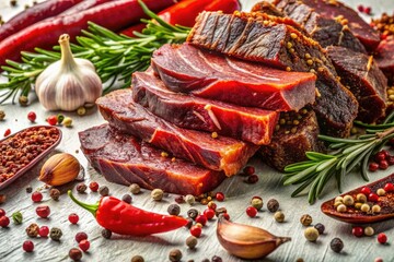 Jerked Meat Delicacies on a White Background - Explore the Rich Flavor, Texture, and Culinary Art of Dried and Seasoned Meat Products Perfect for Food Photography and Marketing