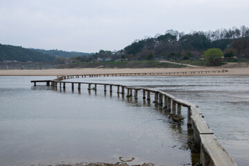 한국 영주시에 있는 무섬마을로 들어가는 징검다리.