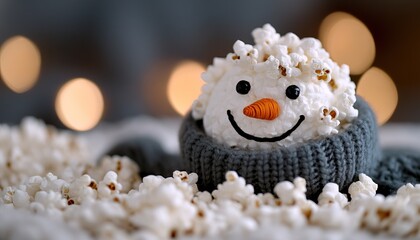Obraz premium A festive snowman made of popcorn sits cozily in a knitted scarf, surrounded by more popcorn, creating a whimsical winter scene.