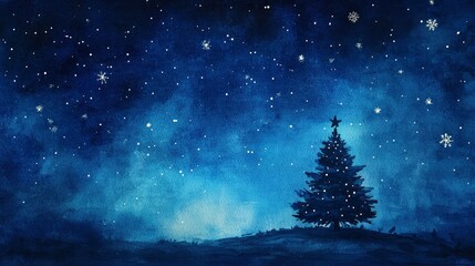 Naklejka premium A dark blue watercolor sky with stars and a tree silhouette, providing open sky space for a message.