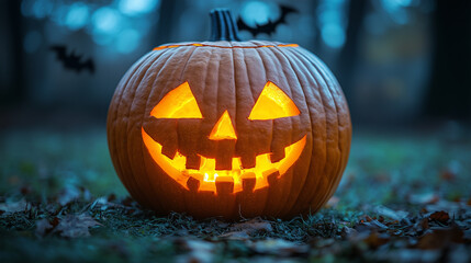 Fototapeta premium Glowing Halloween Jack-o-Lantern in the Woods