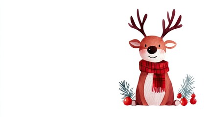 Fototapeta premium A cheerful cartoon reindeer wearing a red scarf, surrounded by Christmas decorations like pine and berries, perfect for festive themes, watercolor style.