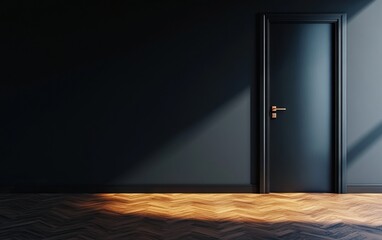A dark room featuring a closed black door illuminated by a beam of light, creating an atmosphere of mystery and anticipation.