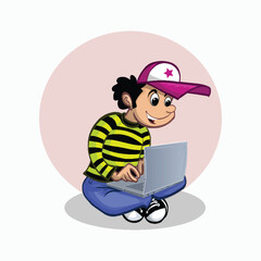 Funny cartoon boy using laptop vector illustration