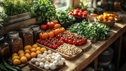 Obraz premium Fresh vegetables and fruits arranged on a rustic wooden table.