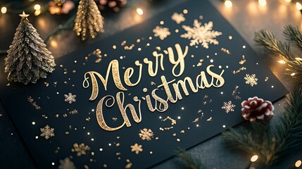 Written on a sleek black greeting card with "Merry Christmas" in luxurious gold script, adorned with elegant snowflakes, twinkling lights, and a small, decorated Christmas tree.