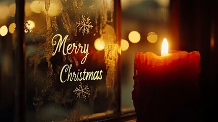 written on Frosted glass window with "Merry Christmas" etched in elegant cursive, backlit by warm candlelight.