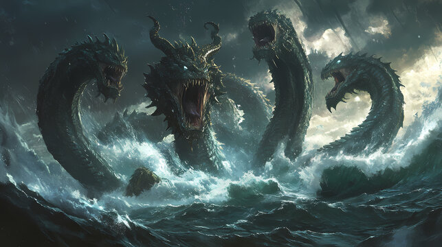 The hydra's thousand harbors a colossal sea monster emerges from the depths. Hydra in Combat. Illustration