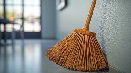 A broom resting against a wall, ready for cleaning tasks.