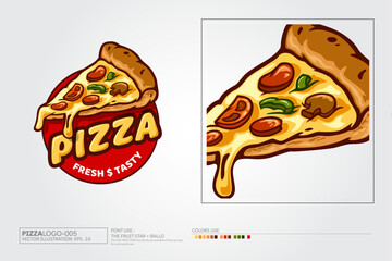 Italian Pizza Fresh Logo with realistic pizza vector illustration is highly suitable for any pizza related restaurant, fast food, delivery, bistro, catering and Italian food related businesses.