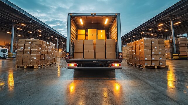 Delivery truck unloading cardboard boxes at a distribution center during twilight hours in a bustling logistics hub