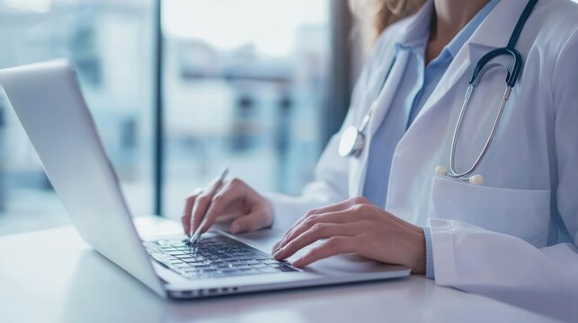 Dentist with laptop in modern clinic environment