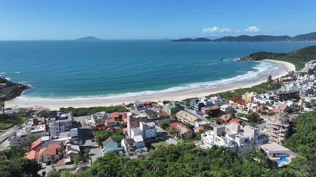Quatro Ilhas Beach At Bombinhas Santa Catarina Brazil. Breathtaking Aerial View Of A Lush Tropical Coastline Scenery. Coast Clouds Sky Seaside Summertime. Coast Outdoor Beach Tropical Environment.