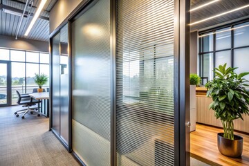 Obraz premium Office Aluminum Sliding Window with Decorative Frosted Glass Film for Privacy - Modern Interior Design Elements, Close-up Details of Thick Frosted Film on Door, Stylish and Functional Features