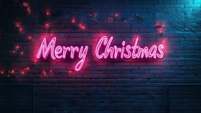 written on Neon sign reading "Merry Christmas" in retro-futuristic lettering against a brick wall.