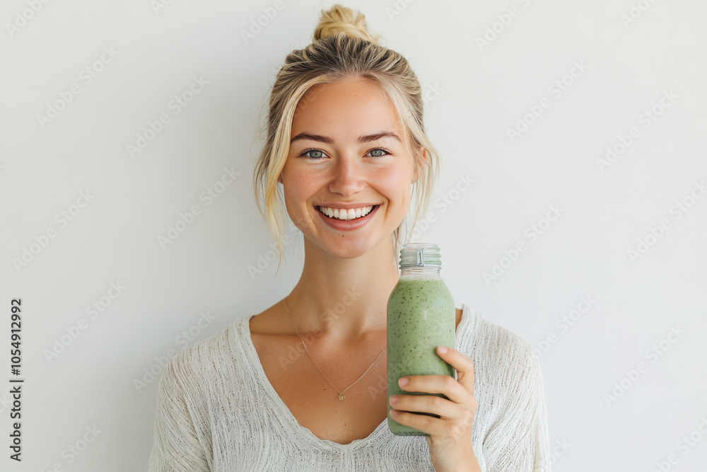 Wall mural portrait of a smiling young woman holding a green smoothie bottle with a copy space background. the 