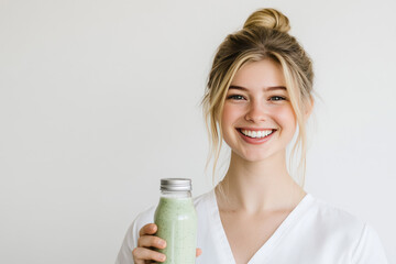 Portrait of a smiling young woman holding a green smoothie bottle with a copy space background. The woman has a natural, healthy appearance, embodying wellness and nutrition