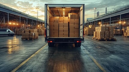 A delivery truck filled with boxes prepares to unload at a logistics hub during sunset