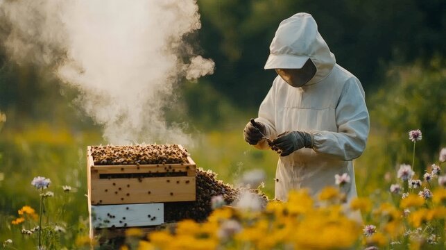 A beekeeper using a smoker to calm bees before opening a hive, surrounded by lush green fields and blooming flowers.
