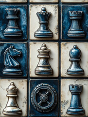 Fototapeta premium Vintage Chess Pieces on Decorative Tile Background 
