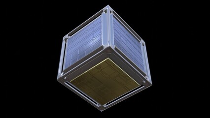 Cubesat, nanosatellite. Shiny metal box with solar panels. 
3d render illustration.