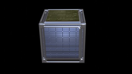 Cubesat, nanosatellite. Shiny metal box with solar panels. 
3d render illustration.