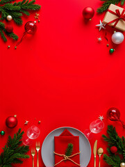 Christmas table setting and decorations on red background with copy space, flat lay