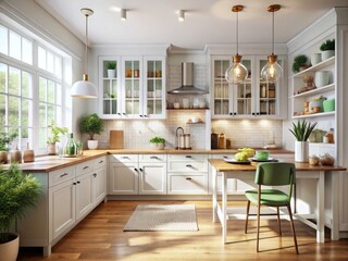 Fototapeta premium Scandinavian Style White Kitchen with Glass Cabinet, Clean Dishes, Minimalist Decor, Bright Interiors, Modern Design, Cozy Atmosphere, Functional Space, Stylish Organization