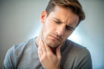 Fototapeta premium Man experiencing throat pain while touching neck in discomfort