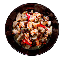 Stir-fried shrimp and mushrooms in oyster sauce isolated on white background.
