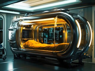 Futuristic Cryogenic Hibernation Pods for Deep Space with Gleaming Chrome and Glass Enclosures