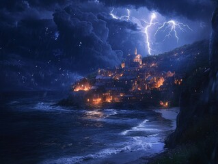 Fototapeta premium A coastal town illuminated by lightning bolts during a nighttime storm, with the ocean in the background.
