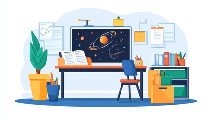 Colorful Desk Space with Planets and Stars Illustration for Education Astronomy or Workspace Design