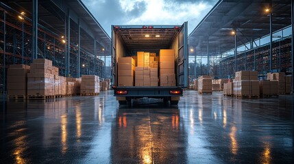 Loading boxes into a truck at a warehouse during twilight with reflective wet surfaces and overhead lighting enhancing visibility