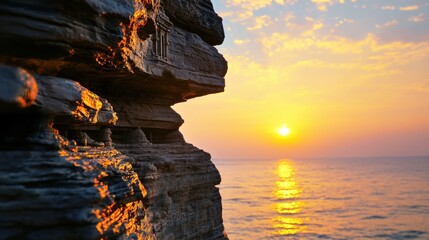 Serene Sunset Over Ocean with Rocky Shoreline