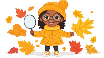 Happy African American Girl Holding Autumn Leaves and Magnifying Glass