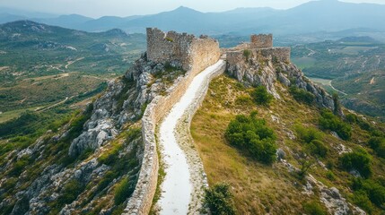 Naklejka premium Hilltop fortress with a winding white pathway, distant view