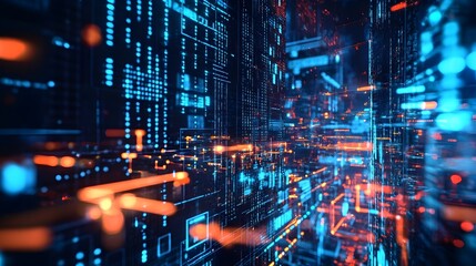 Obraz premium Quantum Cryptography Protecting Futuristic Cybersecurity Systems and Intricate Digital Algorithms in a Neon Lit Dystopian Cityscape