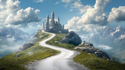 Naklejka premium Hilltop view of a castle with a scenic white road in the foreground